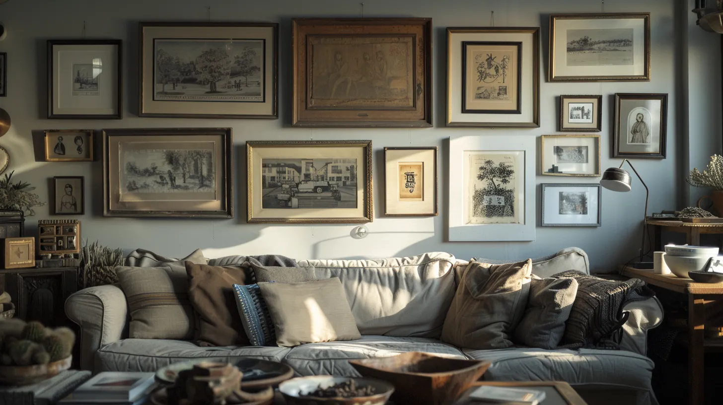 a beautifully arranged vintage living room featuring ornate picture frames adorned with art and family photos, complemented by a textured linen sofa and a rustic wooden coffee table showcasing a collection of decorative bowls, all bathed in warm, inviting natural light.