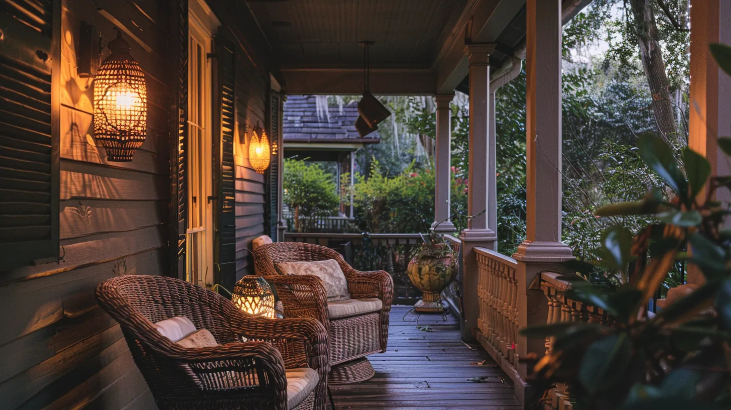 a beautifully arranged vintage porch features wicker chairs and a distressed wood table under the warm glow of a 1940s lighting fixture, creating an inviting and harmonious atmosphere that reflects timeless elegance.