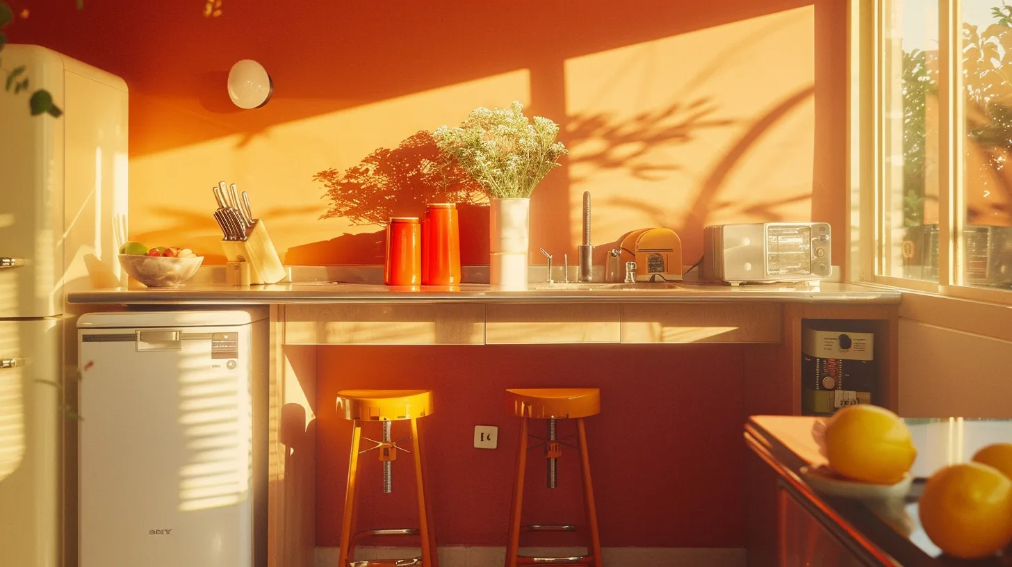 a beautifully styled modern kitchen features warm 70s vintage decor, including retro-inspired stools and milk glass vases, harmoniously blending nostalgic elements with sleek contemporary design to create an inviting culinary retreat.