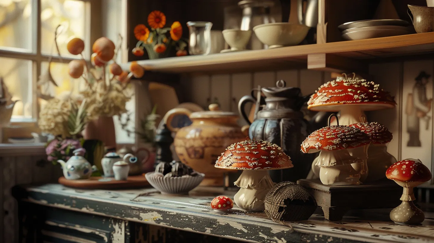 a beautifully styled vintage kitchen exuding nostalgia, featuring charming antique ceramics and delightful mushroom-themed decor, bathed in warm, soft lighting that enhances the inviting atmosphere.