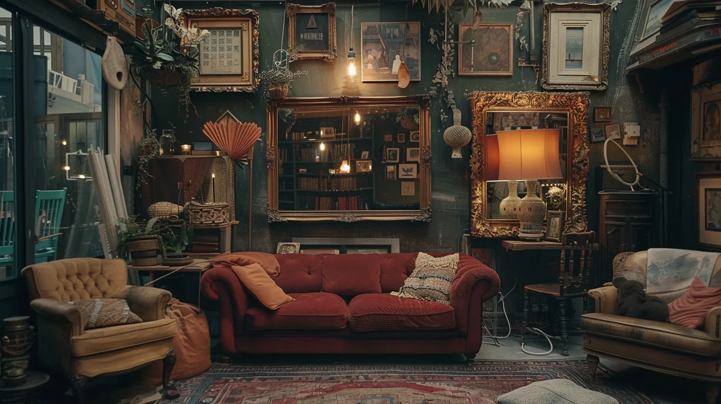 a cozy living room adorned with eclectic vintage decor, featuring ornate mirrors and rustic light fixtures that radiate a warm, inviting atmosphere filled with nostalgia and personal stories.