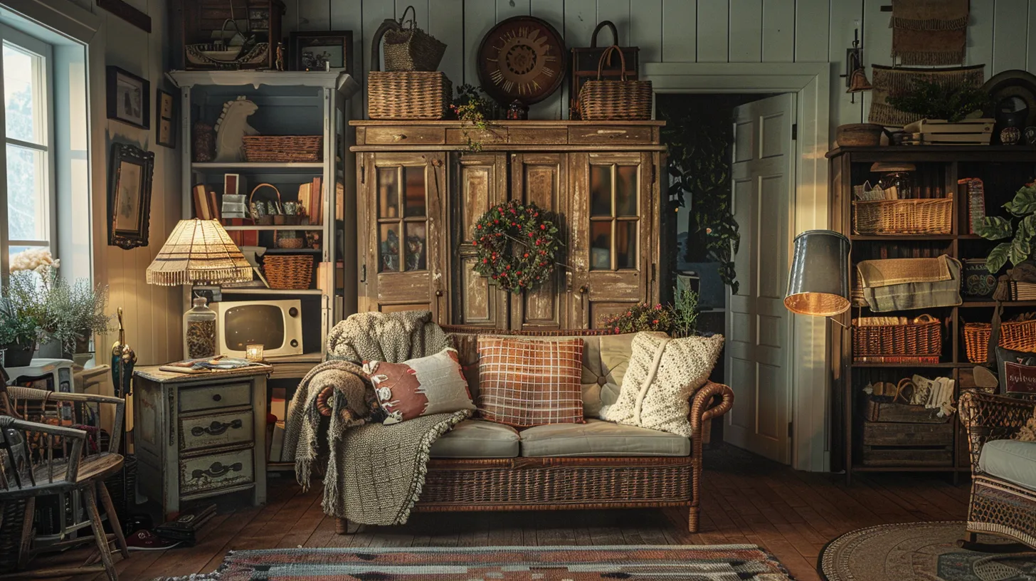 a cozy living room adorned with vintage cottage decor, showcasing a charming wreath on the wall, decorative baskets for textured storage, and unique antique finds that create a warm, inviting atmosphere filled with personal style.
