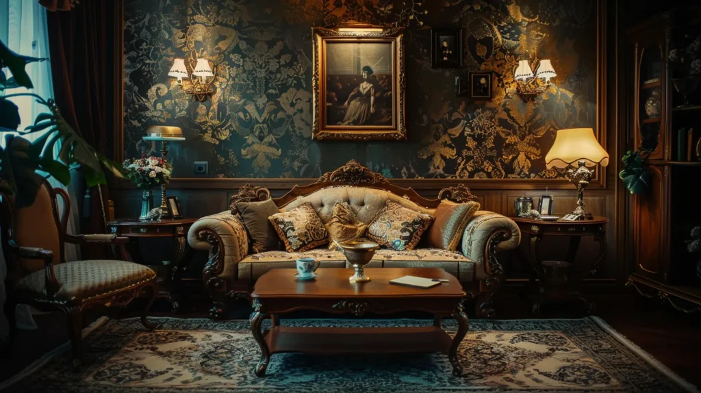 a cozy vintage living room, richly adorned with timeless decor elements like an ornate wooden coffee table, plush patterned cushions, and elegant wallpaper, all softly illuminated by warm, ambient lighting.