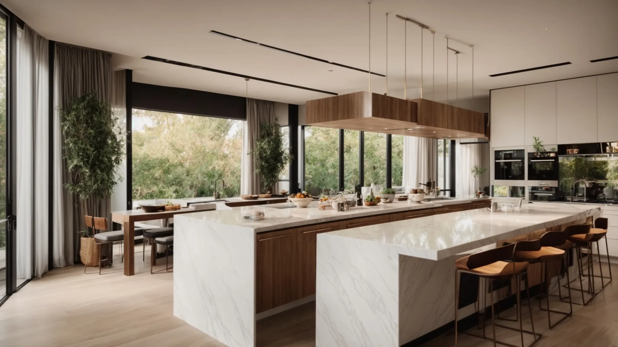 a contemporary kitchen island, featuring a sleek marble countertop and integrated seating, radiates an inviting atmosphere bathed in warm, natural light, showcasing a perfect blend of functionality and style.