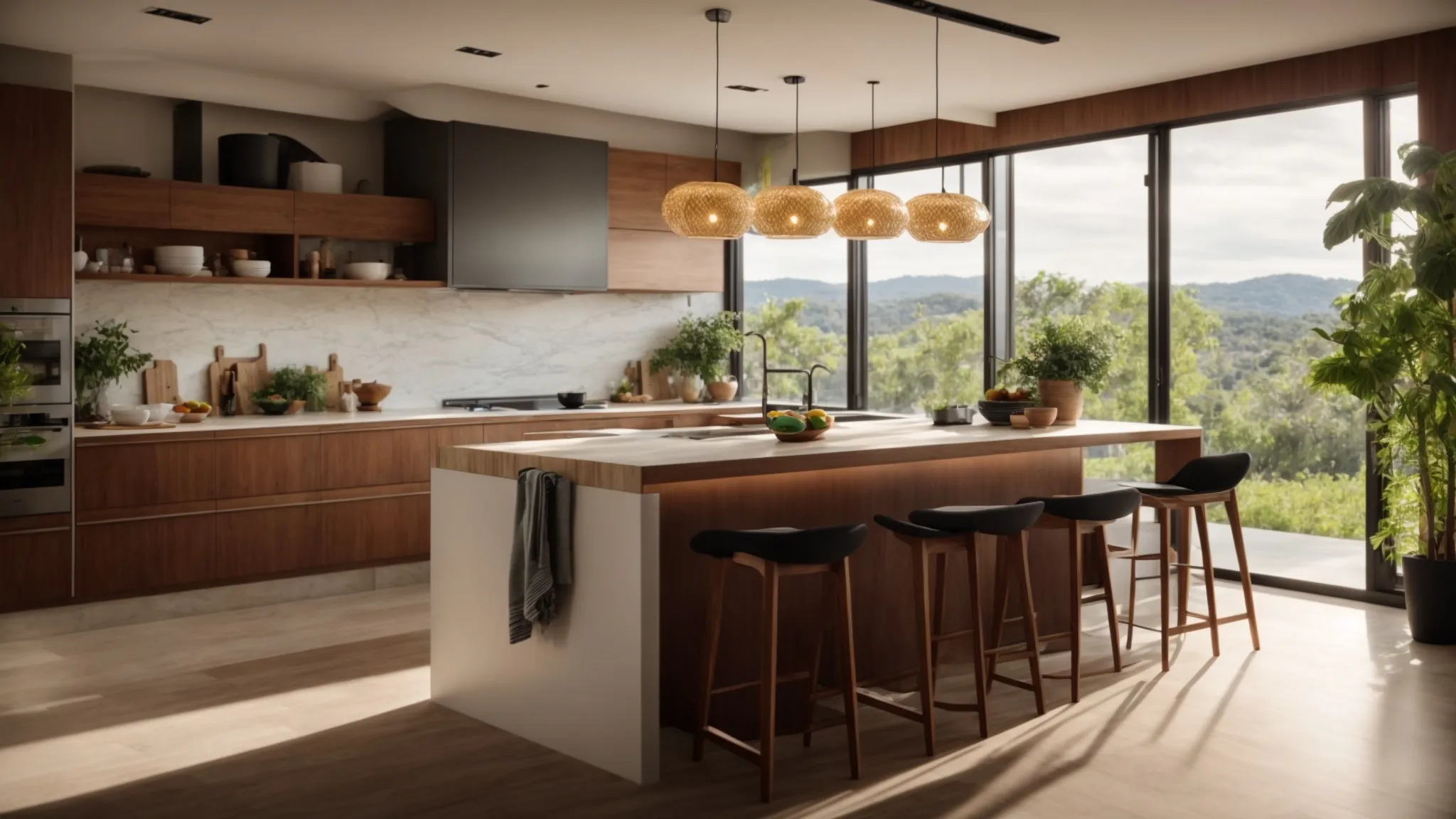 a modern kitchen bathed in warm, inviting light from sleek pendant fixtures, showcasing a stylish blend of vibrant colors and natural materials that enhance its ambiance and functionality.