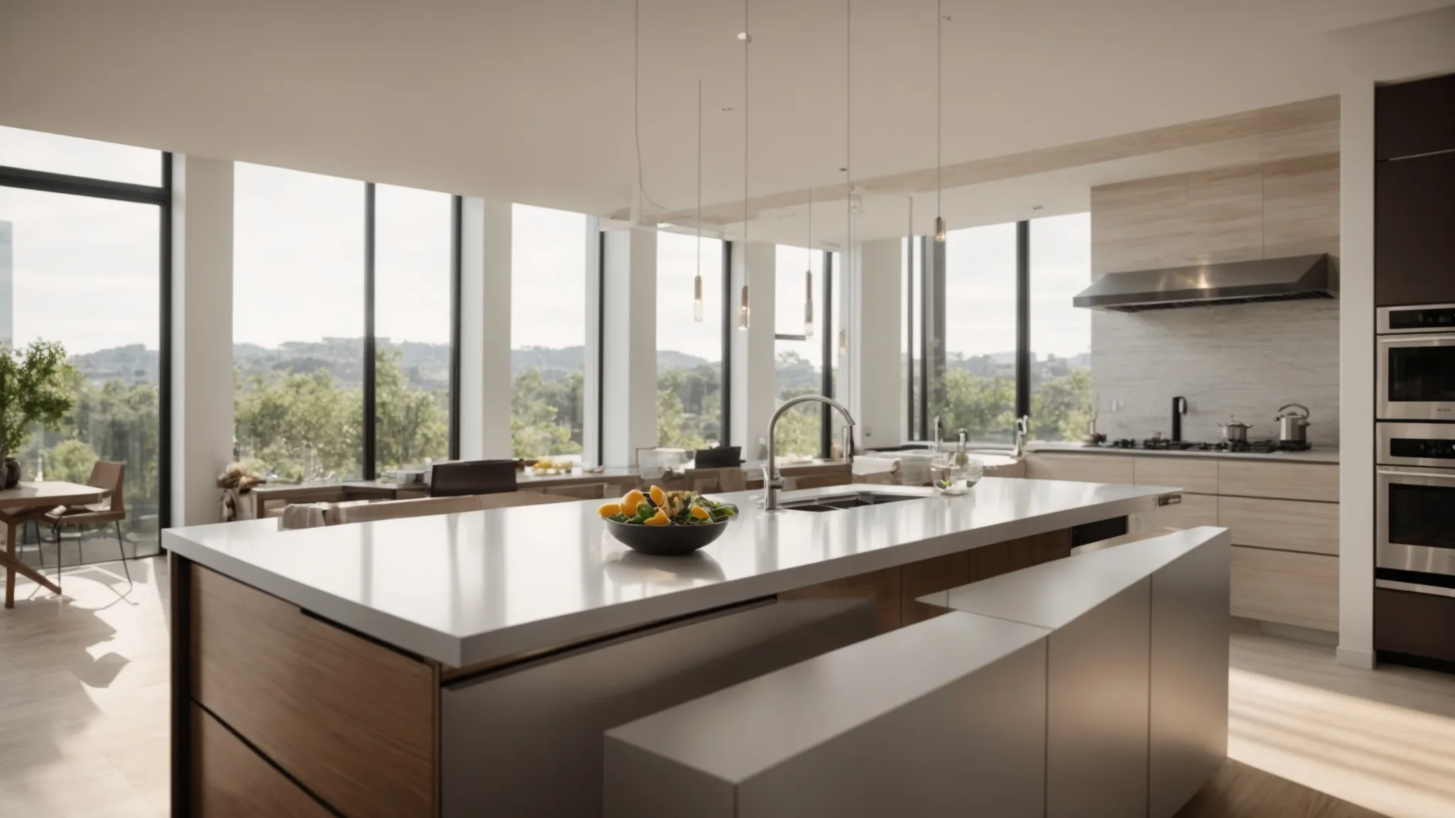 a modern kitchen with clearly defined functional zones for cooking, cleaning, and prep, showcasing sleek surfaces, organized utensils, and an inviting atmosphere that promotes efficiency and social interaction.