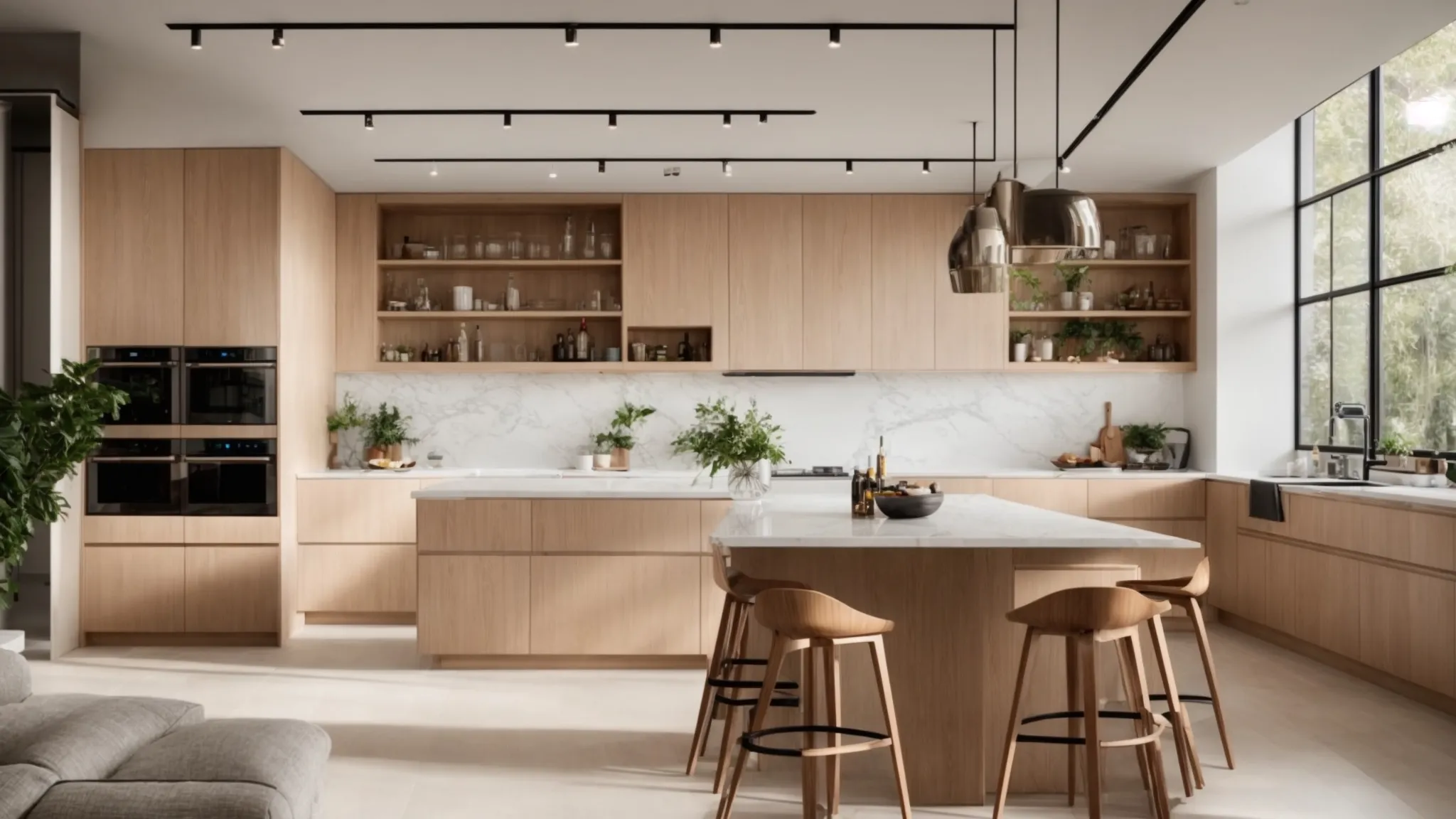 a sun-drenched open-concept kitchen features a sleek u-shaped layout with integrated cabinetry and modern bar stools, creating an inviting and efficient space that seamlessly blends style and functionality.