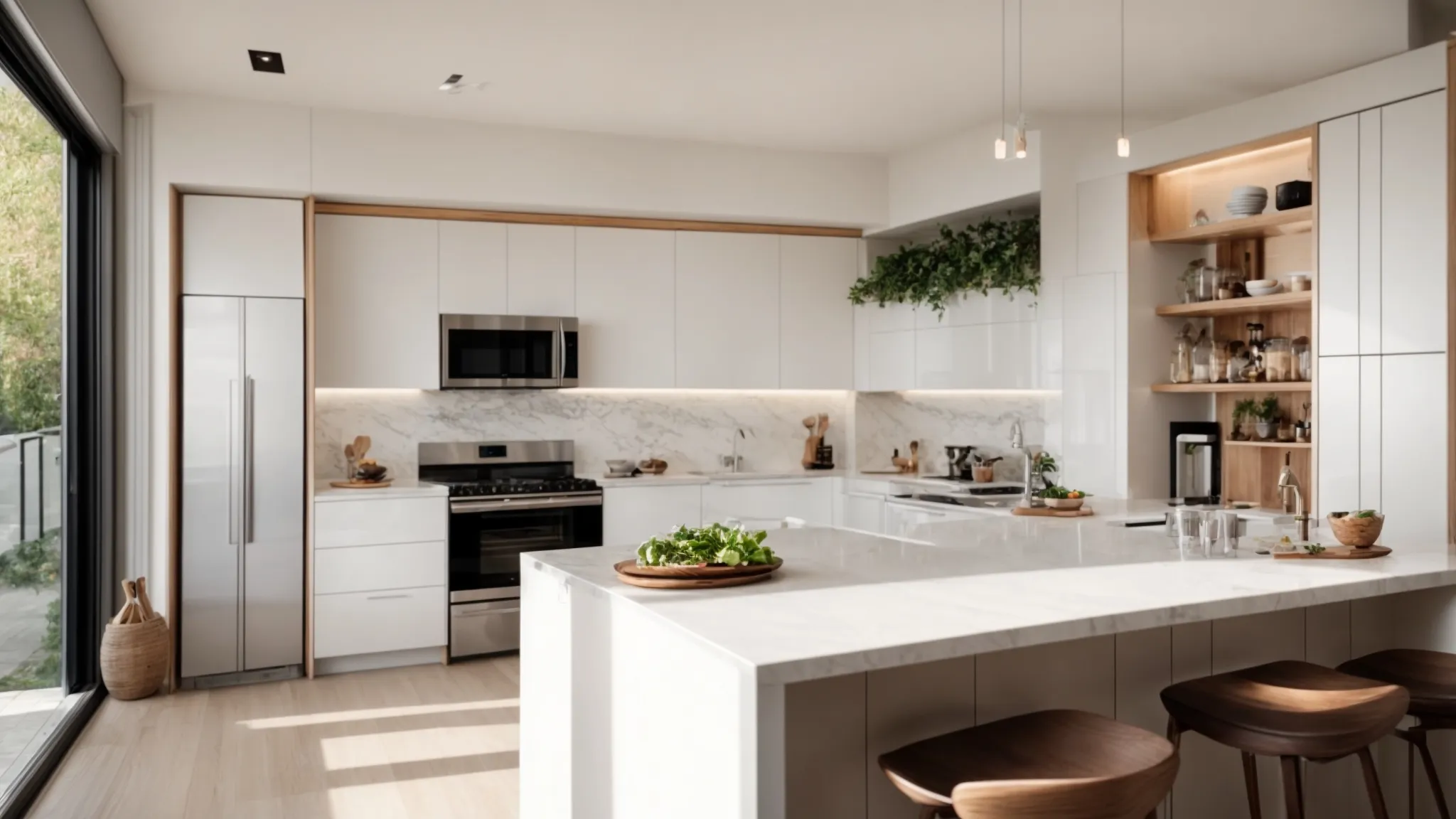 a visually captivating l-shaped kitchen with sleek modern cabinetry and efficient galley design features, bathed in natural light, showcasing the perfect blend of style and functionality for culinary creativity.