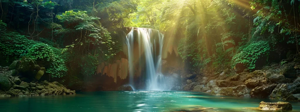 ein majestätischer wasserfall stürzt kraftvoll in einen klaren, smaragdgrünen pool, umgeben von üppigem, grünem dschungel und sanften sonnenstrahlen, die durch das laub filtern.