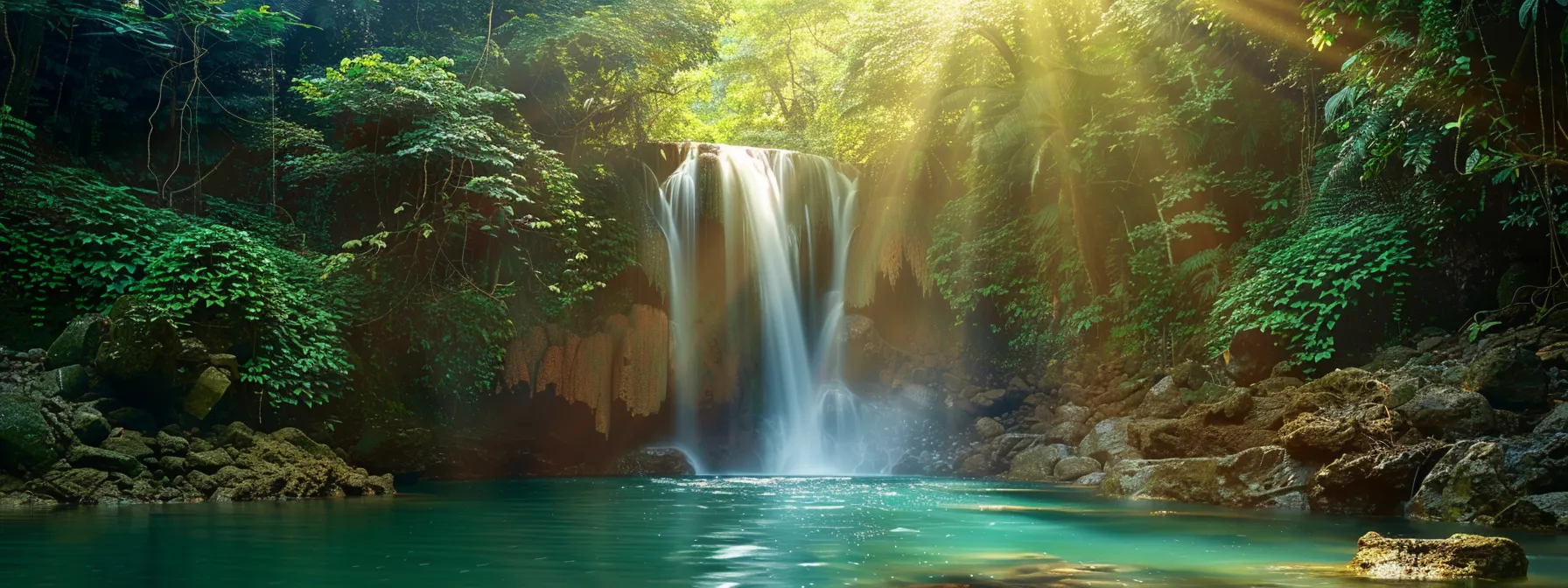 ein majestätischer wasserfall stürzt kraftvoll in einen klaren, smaragdgrünen pool, umgeben von üppigem, grünem dschungel und sanften sonnenstrahlen, die durch das laub filtern.