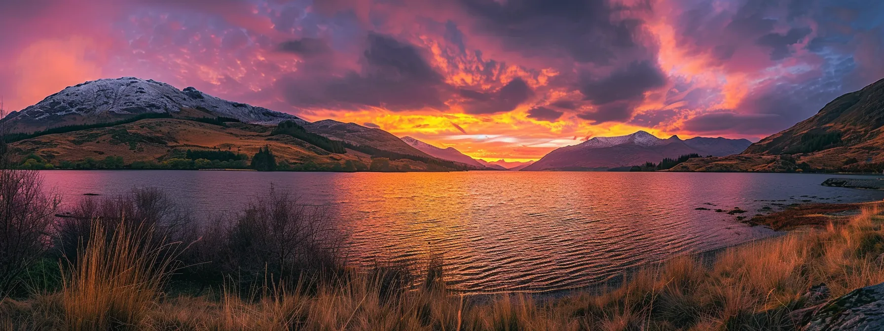 ein atemberaubender sonnenuntergang über einem ruhigen, glitzernden see, während intensive orange und lila farbtöne den himmel in ein leuchtendes meisterwerk verwandeln.