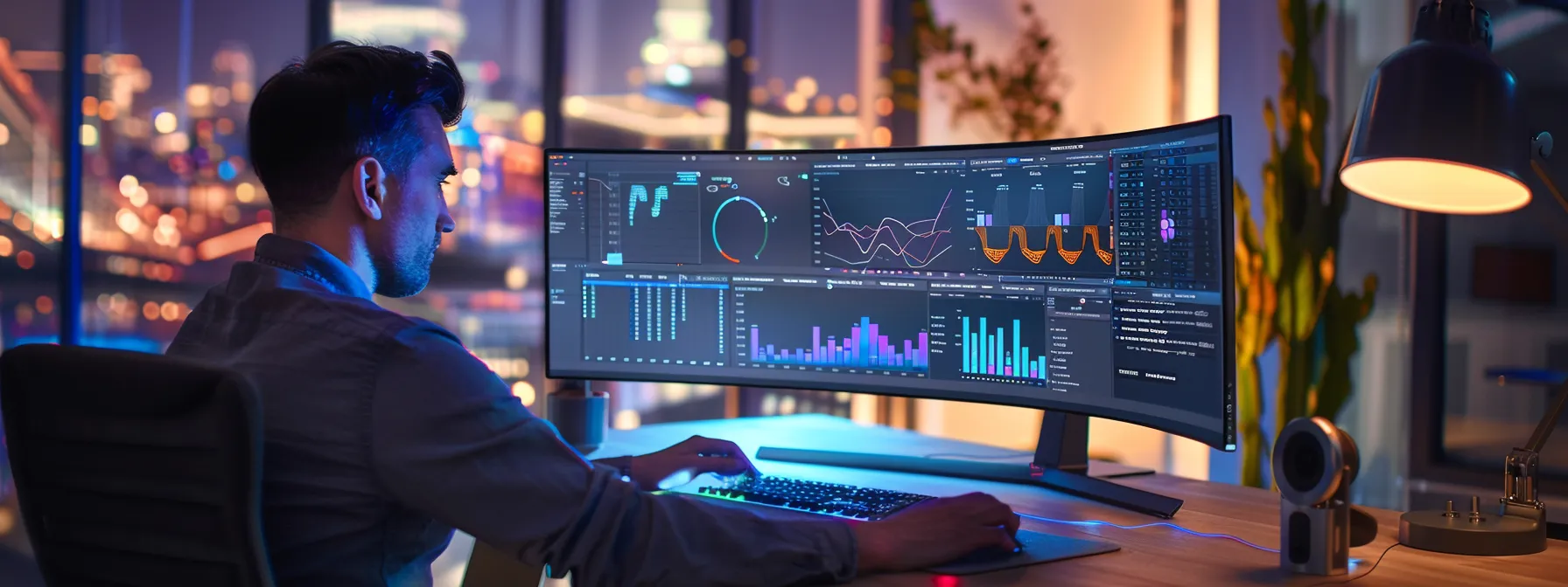 a focused software engineer reviews intricate api testing metrics on a large monitor in a modern office, illuminated by soft ambient lighting that highlights the vibrant graphs and code on the screen.
