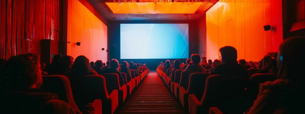 a dimly lit, modern cinema interior showcases a vibrant, large movie screen glowing with vivid colors, surrounded by plush seats filled with eager moviegoers, creating an electrifying atmosphere of anticipation and excitement.