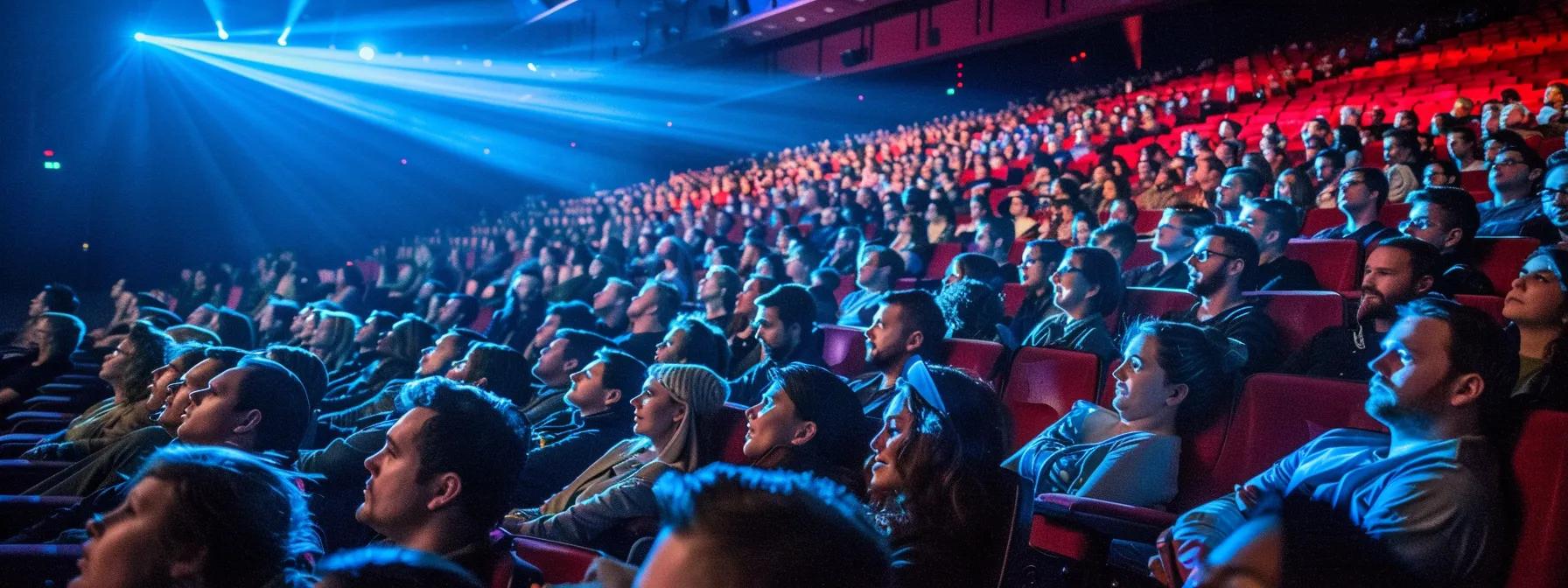 a dimly lit, tension-filled cinema interior captures a rapt audience on the edge of their seats, eyes wide with suspense as the screen glows ominously, showcasing a suspenseful moment that perfectly encapsulates the emotional intensity of cinematic storytelling.