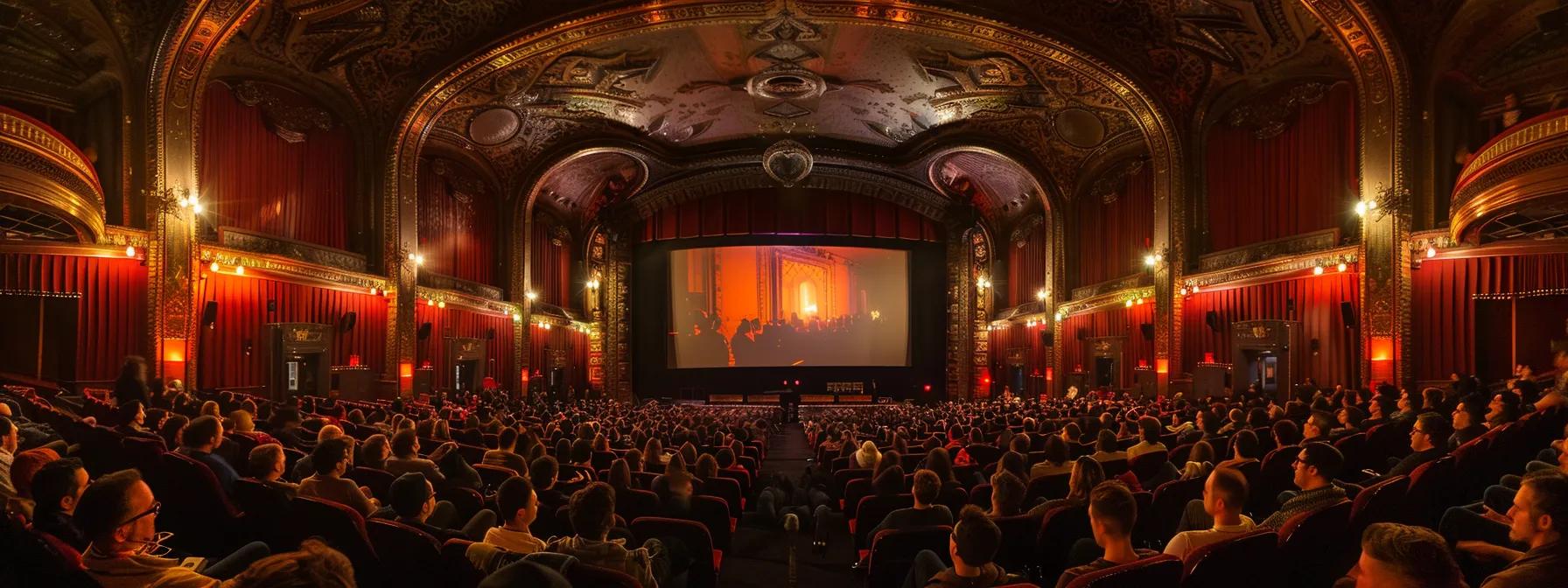 a dramatic, dimly-lit movie theater filled with captivated audience members, their faces illuminated by the flickering images on the screen, portraying a tense moment from a suspense film, evoking feelings of dread and anticipation.