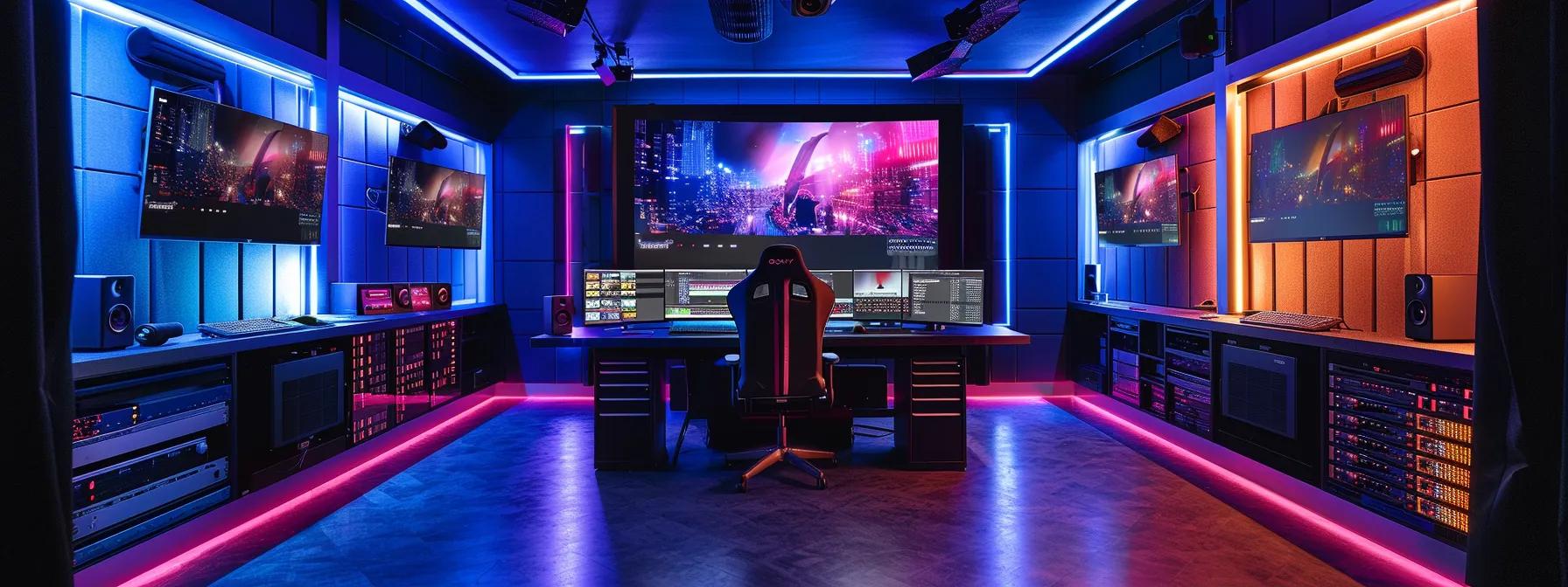 a dynamic film studio set, featuring a sleek editing bay with dual monitors displaying rapid action sequences and suspenseful scenes, illuminated by vibrant led lights that reflect the contrasting pacing of thriller and suspense films, capturing the tension and excitement of cinematic storytelling.