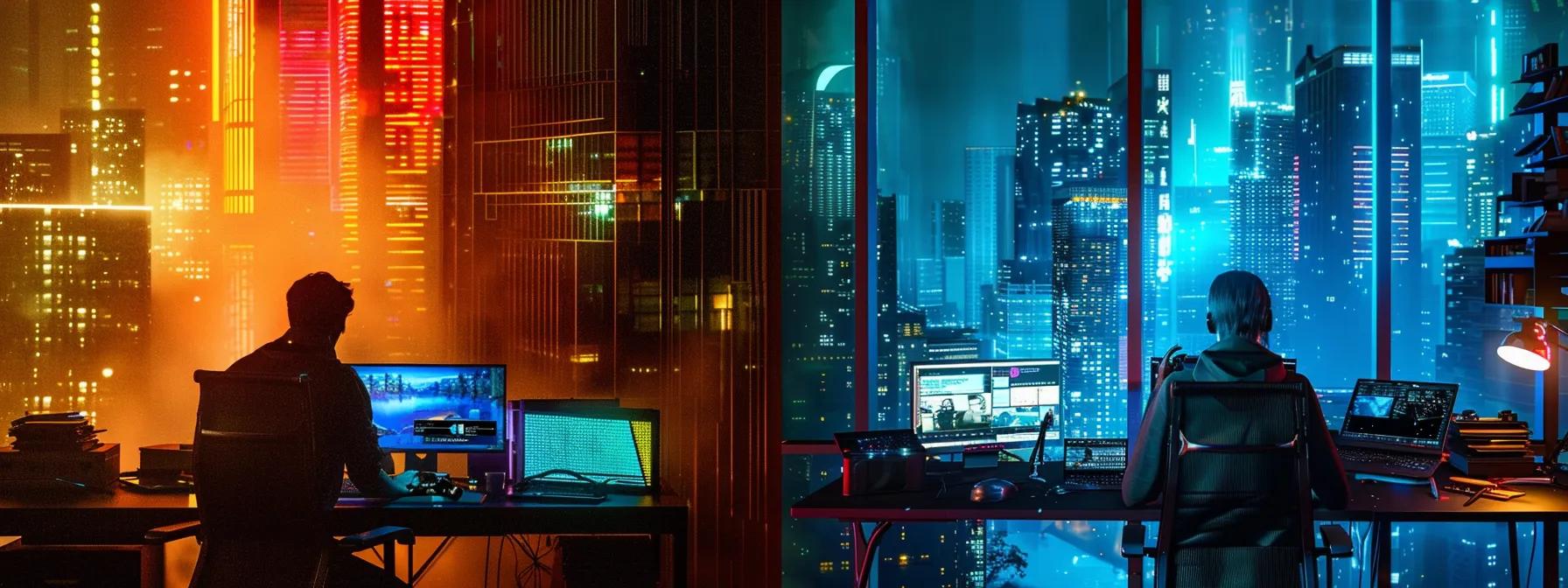 a dynamic split-screen scene capturing the contrasting journeys of a relatable everyday hero in a suspense movie, slowly navigating a dimly lit office filled with looming shadows, and an adept larger-than-life protagonist in a sleek urban setting, confidently confronting adrenaline-pumping chaos against a backdrop of dramatic neon lights.