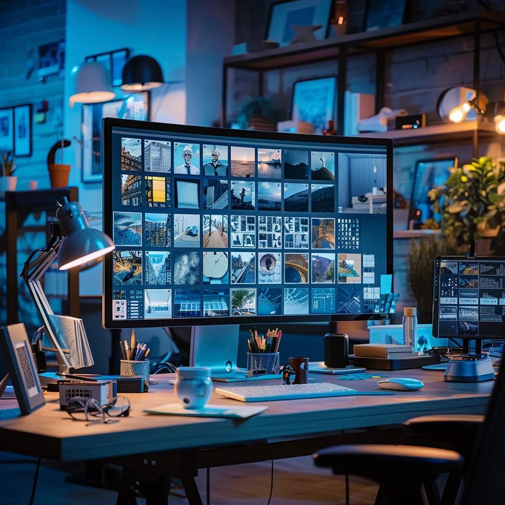 a focused office workspace features a high-resolution monitor displaying a grid of varied image samples, illuminated by the cool glow of led lights, emphasizing the meticulous process of image testing in a modern digital environment.
