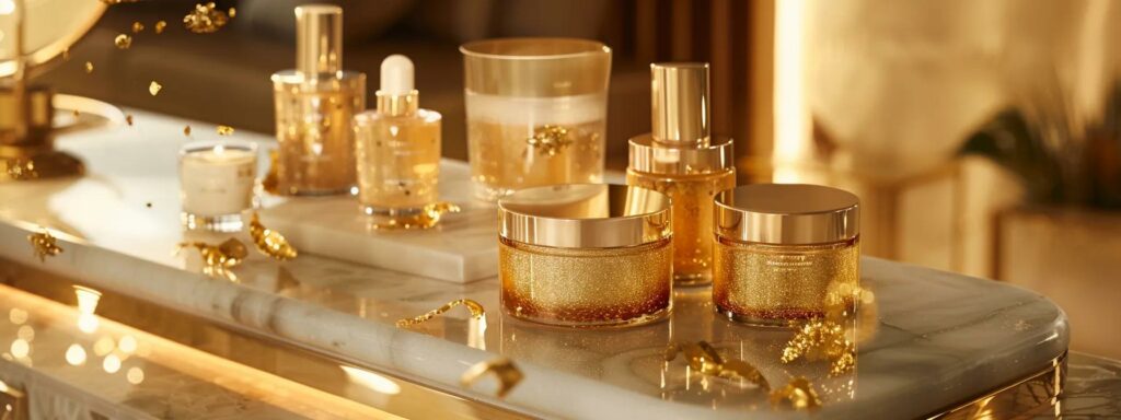 Golden beauty creams and serums highlighting the use of 24K gold in skincare products.