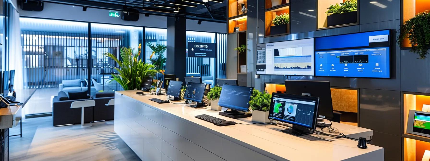 a modern office space features sleek health tech devices on a polished desk, including smartwatches and telehealth screens, bathed in cool, ambient lighting that emphasizes the innovative tools enhancing personal well-being.