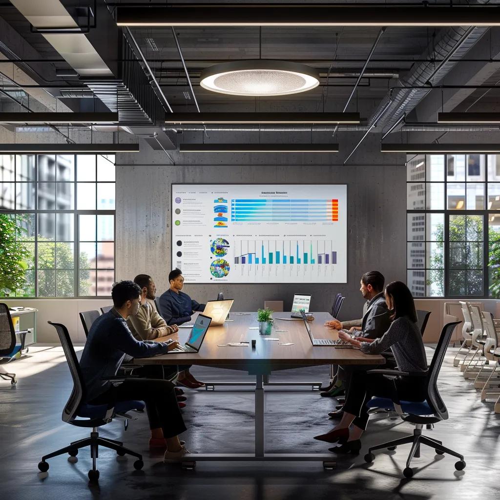 a modern office workspace, featuring a sleek conference table and an interactive digital display showcasing vibrant infographics on sustainability goals and carbon neutrality, with professionals engaged in a dynamic discussion, emphasizing a clear commitment to purpose-driven strategies.
