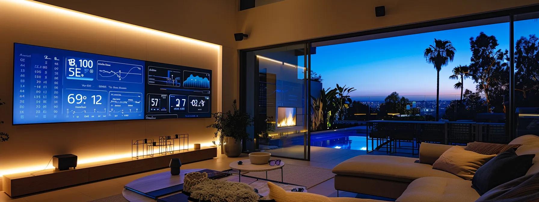 a modern, tech-savvy living room showcases smart home devices seamlessly integrated into daily life, with sleek screens displaying energy metrics, vivid graphs of health data from wearable devices, and ambient lighting adjusting automatically to enhance comfort and efficiency.