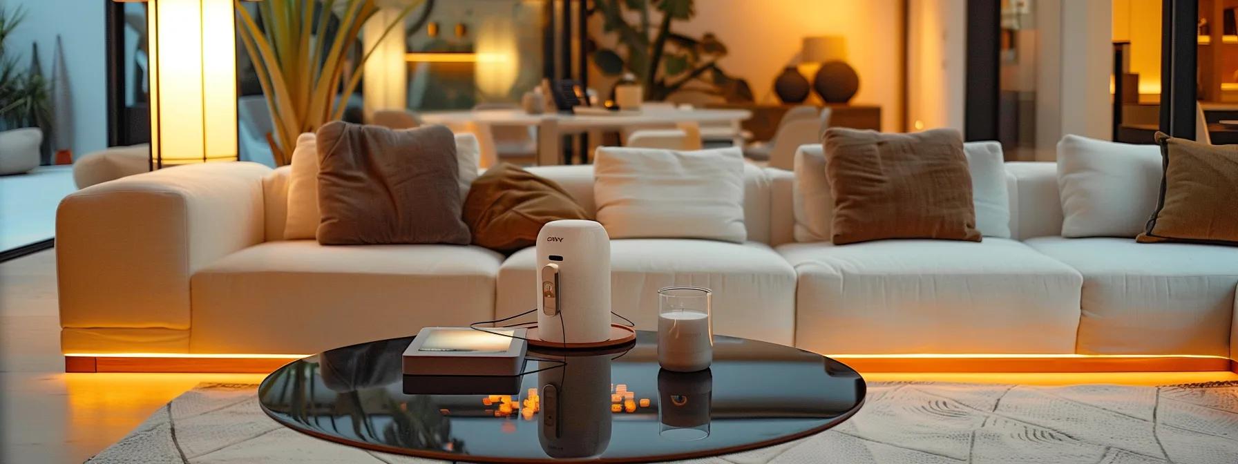 a sleek, modern living room elegantly showcases smart home technology in action, with illuminated automated lights, a digital thermostat displaying optimal settings, and a smartphone on a stylish coffee table controlling various connected devices, all bathed in soft, inviting artificial light.