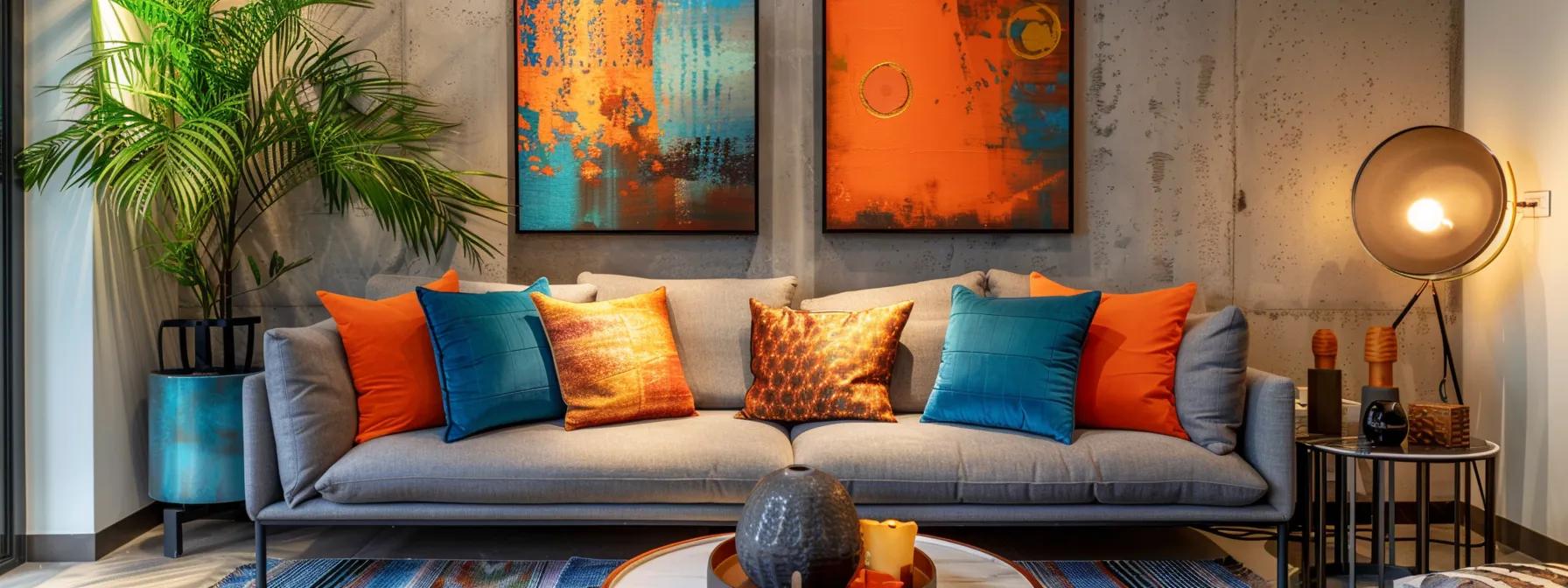 a stylish living room features an array of rich textures and bold patterns on cushions, rugs, and wall art, creating a vivid and dynamic atmosphere against a sophisticated color palette.