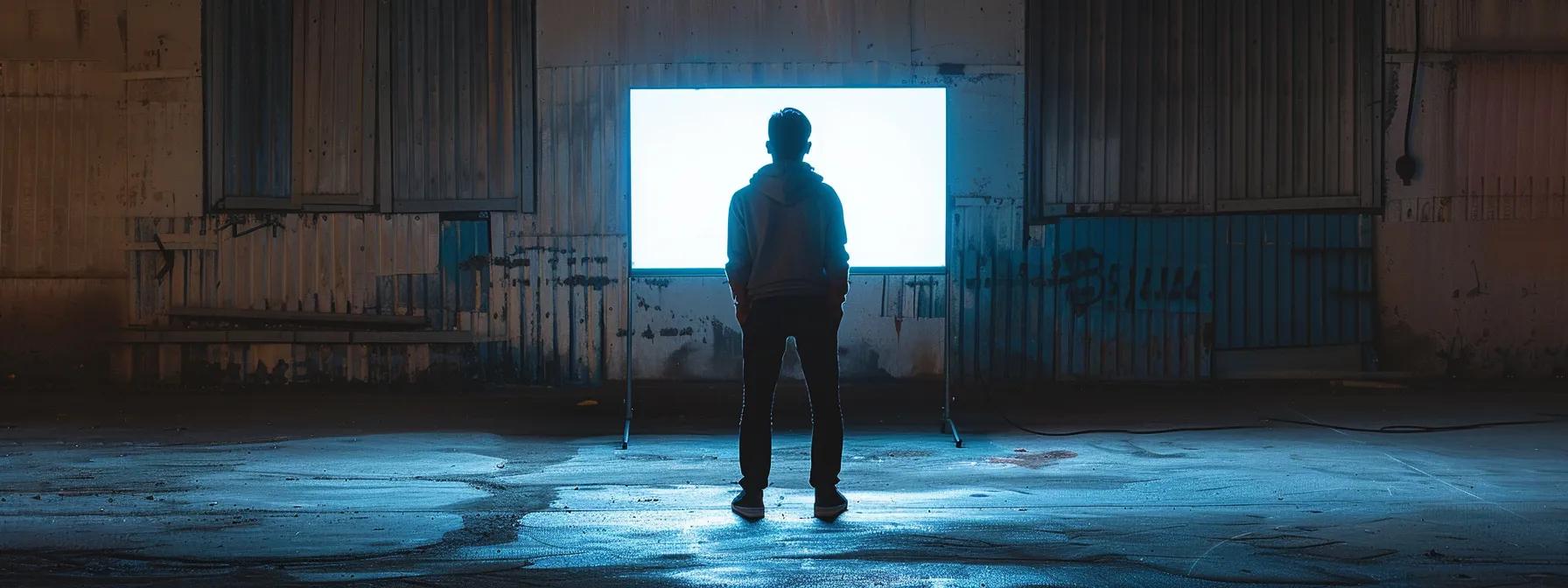 a tense cinematic still captures a dimly lit urban setting where a solitary figure stands poised in front of a flickering monitor, the glow illuminating their anxious expression as they confront an unseen danger, embodying the precarious balance between suspense and action.