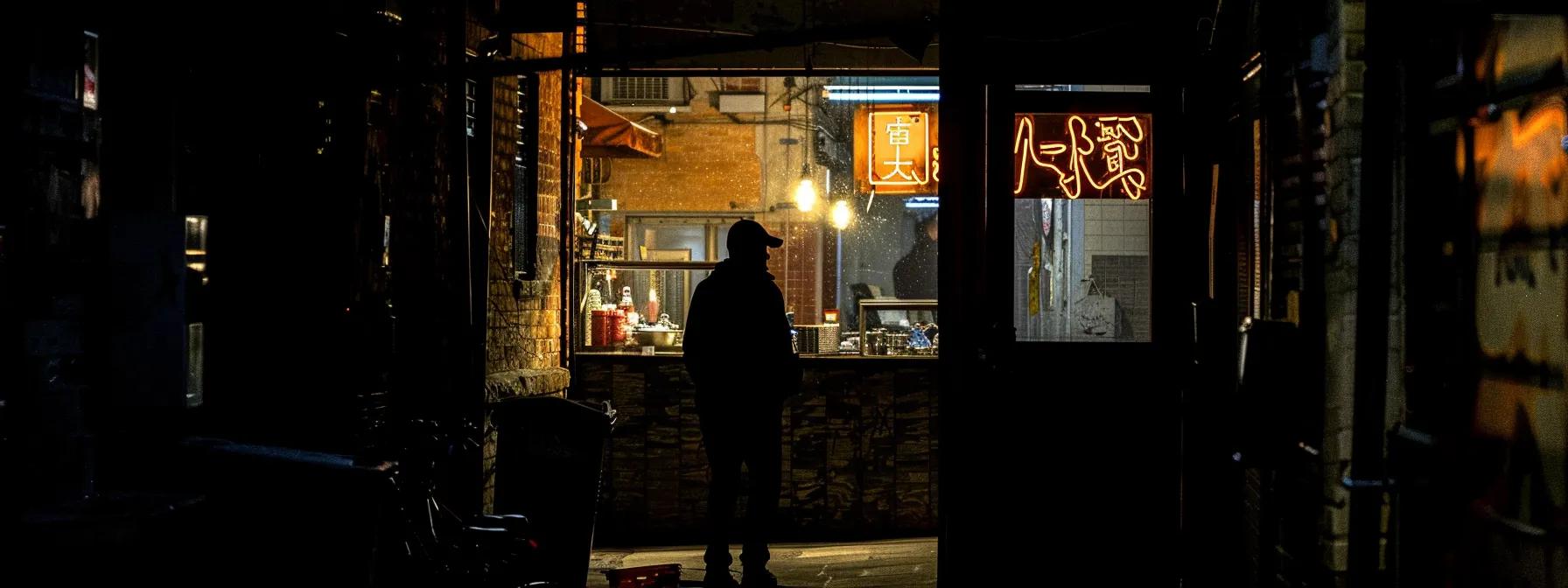 a tense urban alleyway is the backdrop for a lone figure, shrouded in shadow, as they gaze at a flickering neon sign, embodying the high-stakes drama and psychological turmoil characteristic of thriller movies.