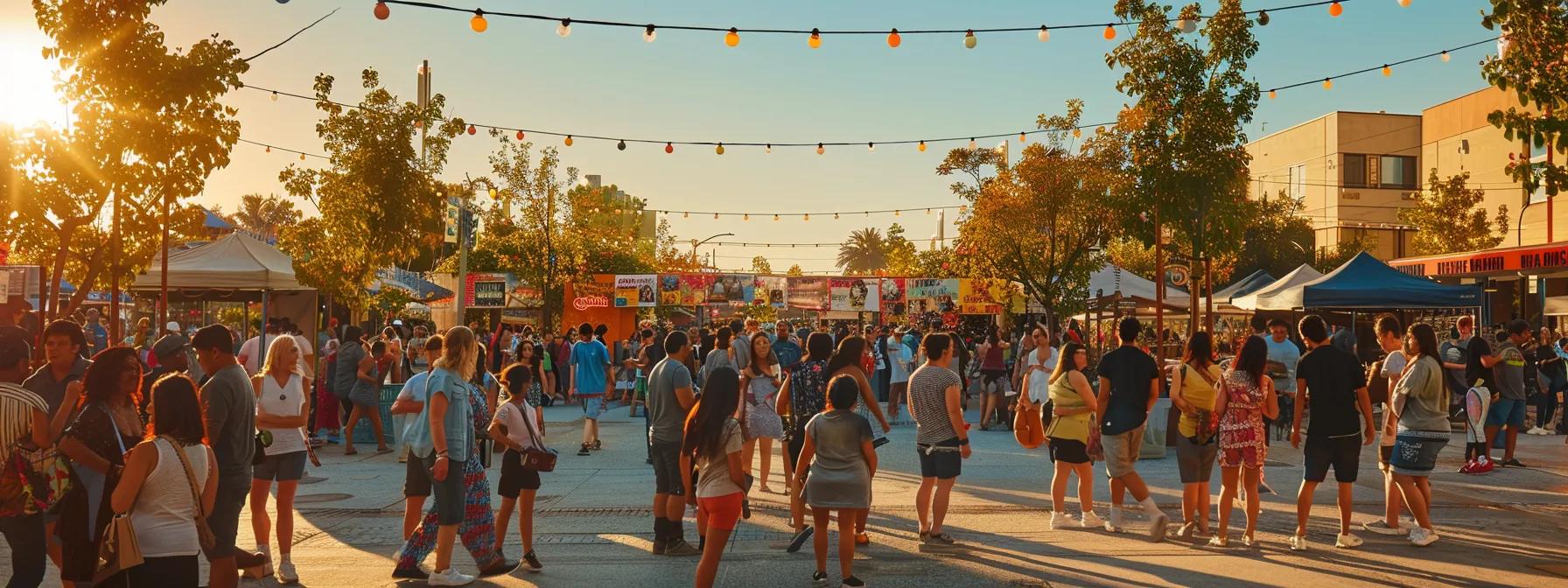 a vibrant community gathering in an urban plaza showcases diverse individuals engaging in various activities, such as participating in local arts displays, sharing information at resource booths, and enjoying cultural performances, all under a clear blue sky that highlights the dynamic spirit of inclusivity and collaboration.