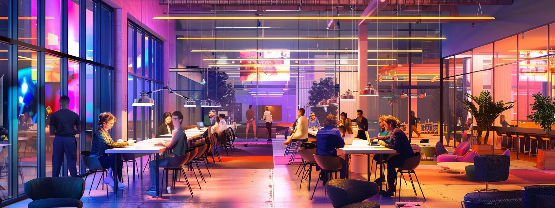 a vibrant urban co-working space filled with diverse individuals collaborating around sleek technology, showcasing the impact of modern innovations and community initiatives on enhancing quality of life and fostering inclusivity.