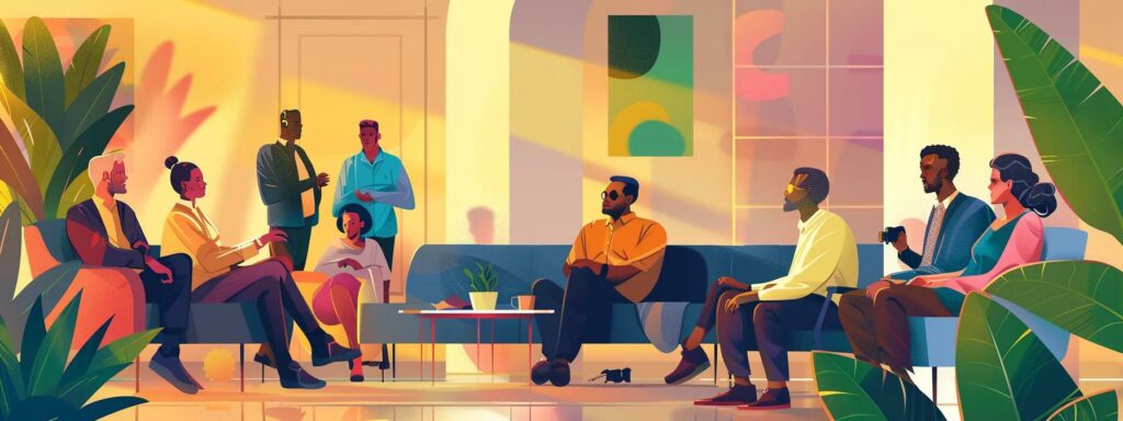 a warm, inviting office setting showcases a diverse group of professionals engaged in a deep, animated discussion, highlighting the profound impact of long-term relationships on emotional well-being and collaboration.