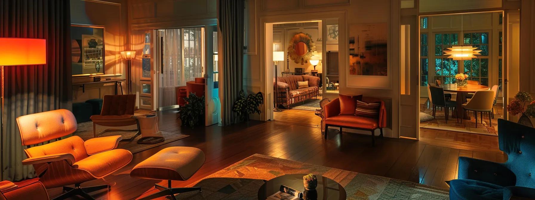 a stylish living room bathed in warm artificial light showcases a thoughtfully curated color palette, with rich hues interacting dynamically across the furniture and decor, emphasizing the importance of lighting in interior design.