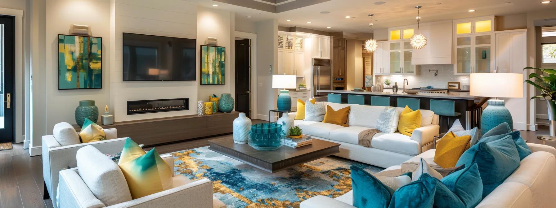 a stylish living room elegantly showcases the 60-30-10 rule, featuring a harmonious blend of a dominant deep teal, a soft cream secondary color, and vibrant mustard yellow accents, all bathed in warm, ambient lighting against a sophisticated modern backdrop.