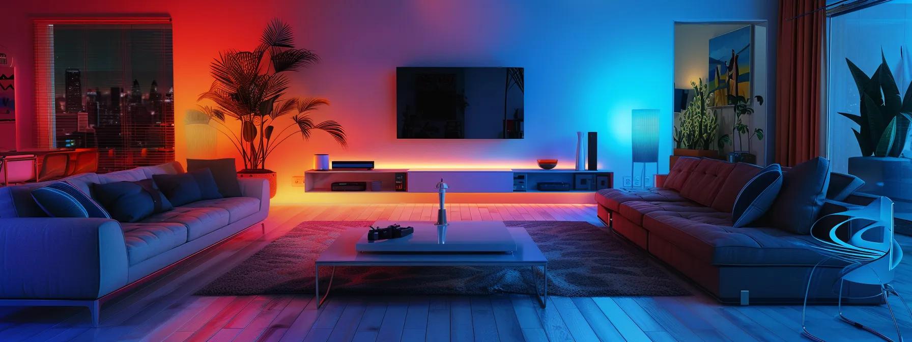 a stylish living room showcases a harmonious blend of inspiring color schemes with elegant furnishings and artful decor, illuminated by soft, ambient lighting that highlights the space's modern aesthetics.