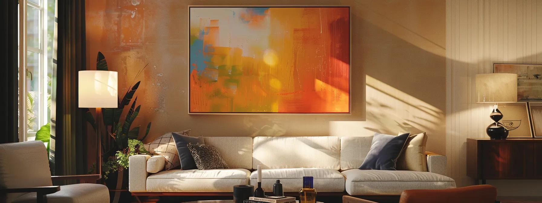 a stylish living room showcases a vibrant, oversized piece of artwork as the focal point, surrounded by complementary furniture and decor that harmoniously unify the color palette, all captured in inviting warm indoor lighting.