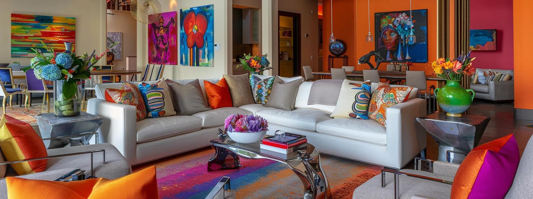 a vibrant living room showcases a stylish blend of seasonal color elements, featuring bold pillows, eclectic artwork, and accent decor that seamlessly adapts to contemporary design trends.