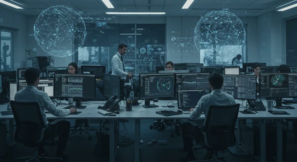 a sleek, modern office filled with professionals engaged in various technology-focused tasks, featuring screens displaying intricate data visualizations and analytics to emphasize the critical role of information retrieval algorithms across industries like e-commerce, healthcare, and entertainment.
