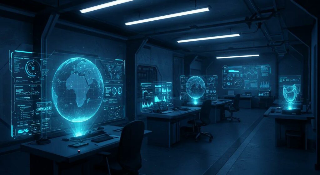 a high-tech command center filled with holographic displays showcasing data on deepfake technology and its potential impact on modern warfare, illuminated by dramatic blue and red lighting that conveys urgency and innovation.