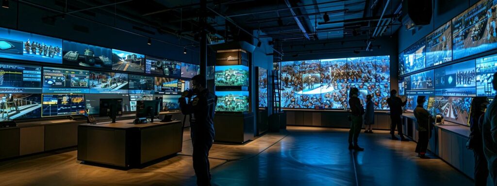 a dimly lit, high-tech war room filled with large screens displaying altered video footage, reflecting the chilling influence of deepfakes on psychological operations in modern conflict.