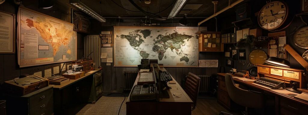 a dimly lit war room filled with strategically placed maps, communication equipment, and vintage military artifacts, capturing the intensity and cunning of operation fortitude as officers strategize to mislead the enemy.