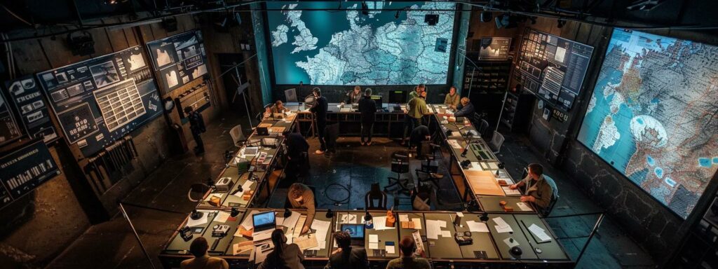 a dramatic aerial view captures the bustling tense atmosphere of a wartime command center, with strategically placed maps, communication devices, and operatives analyzing deceptive tactics that misled german forces prior to the normandy invasion.