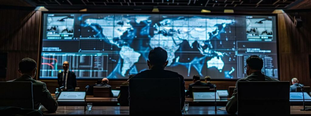 a dramatic and focused portrayal of a military strategy meeting in a dimly lit, modern conference room, featuring a large screen displaying historical maps and tactics from operation fortitude, as military officers engage in intense discussion about deception and psychological operations.