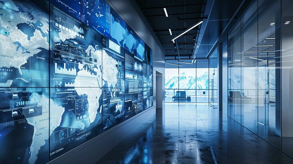 a dramatic, high-resolution infographic-style image displays an intricately detailed timeline of earth's major ice ages, set against a sleek, modern office backdrop featuring digital screens showcasing glaciation maps and climate data.