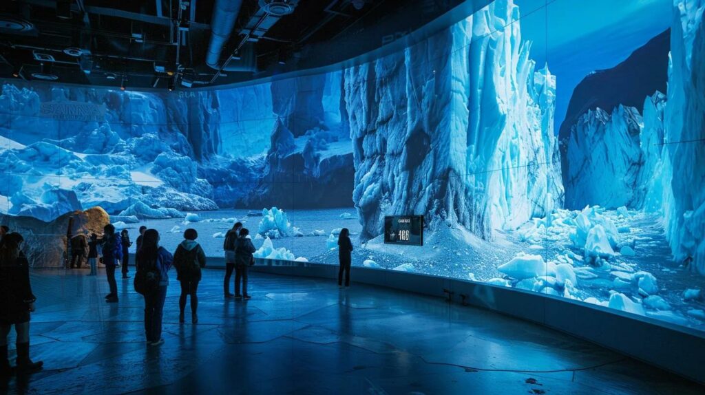a dramatic, high-contrast illustration of a vast ice-covered landscape within an indoor exhibit, showcasing a detailed timeline of glacial periods juxtaposed with interglacial phases, highlighted by sleek, modern lighting that draws attention to the intricate changes in climate depicted on interactive screens.