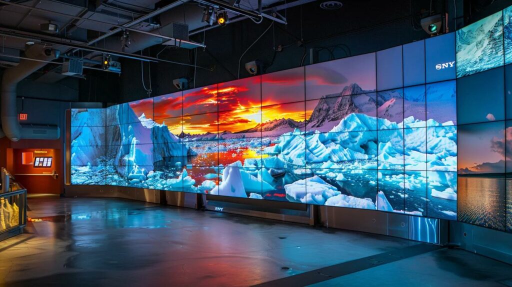 a dramatic, high-tech display in a modern research lab, featuring a large digital screen showcasing a colorful timeline of glacial periods, illuminated by soft, focused lighting that highlights the intricate details of ice age dynamics.