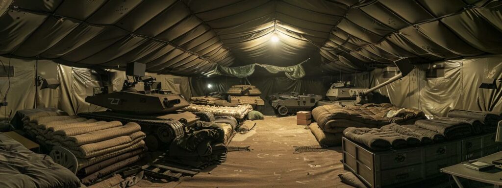 a dramatic military command tent filled with meticulously crafted inflatable tanks and realistic props, illuminated by overhead lights that cast sharp shadows, conveys the intricate art of deception employed by the ghost army during world war ii.