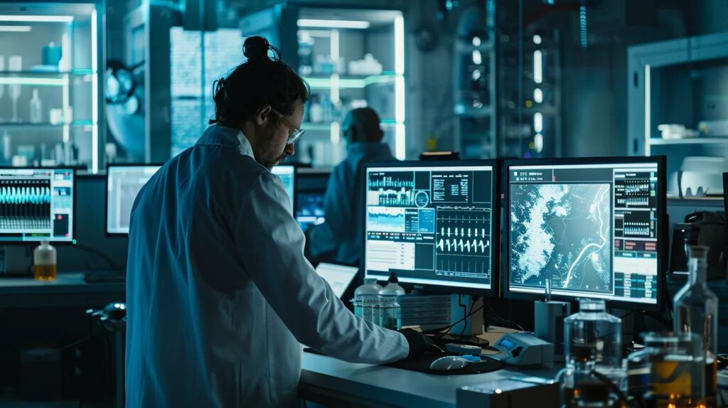 a sleek, modern laboratory filled with high-tech equipment and digital displays showcases scientists analyzing intricate data on glacial cycles, highlighting the intersection of astronomy, tectonics, and atmospheric studies.