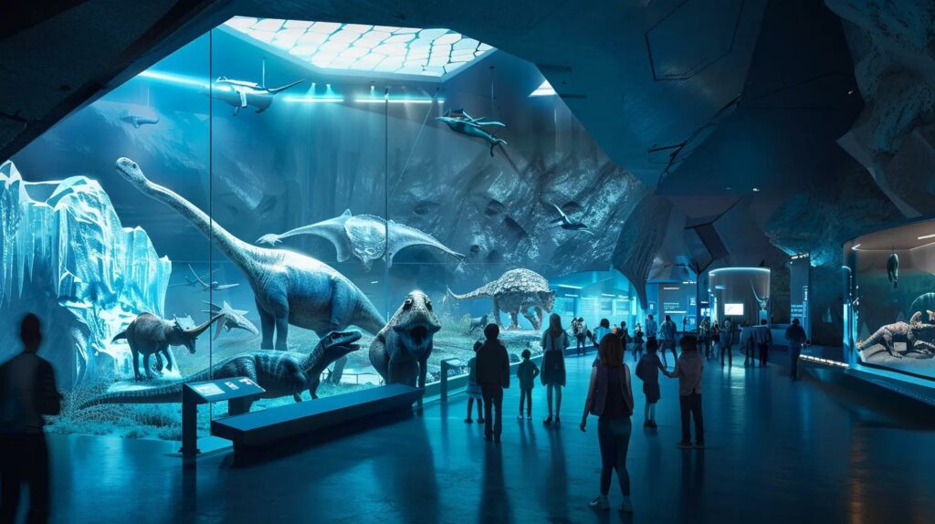 a visually striking illustration features a sleek, modern ice age exhibit in a bustling urban museum, showcasing lifelike models of prehistoric animals against a backdrop of vivid, icy blue lighting and sleek glass displays.
